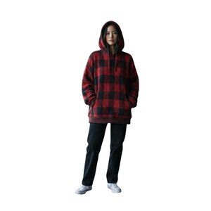 Skims Buffalo Plaid Oversized Hoodie Sweater Red & Black Cozy Fleece Women's Siz